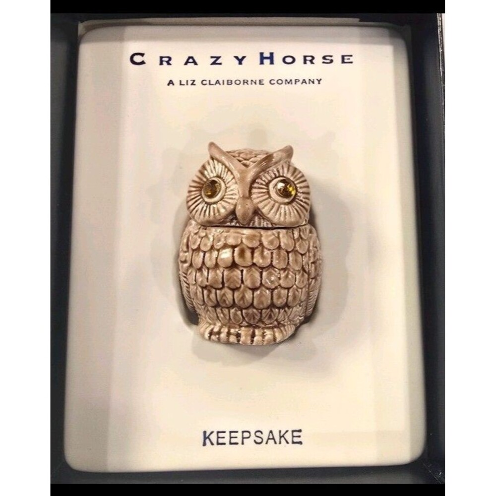 Vintage Liz Claiborne Villager Owl Keepsake Trinket Box Rhinestone Eyes
